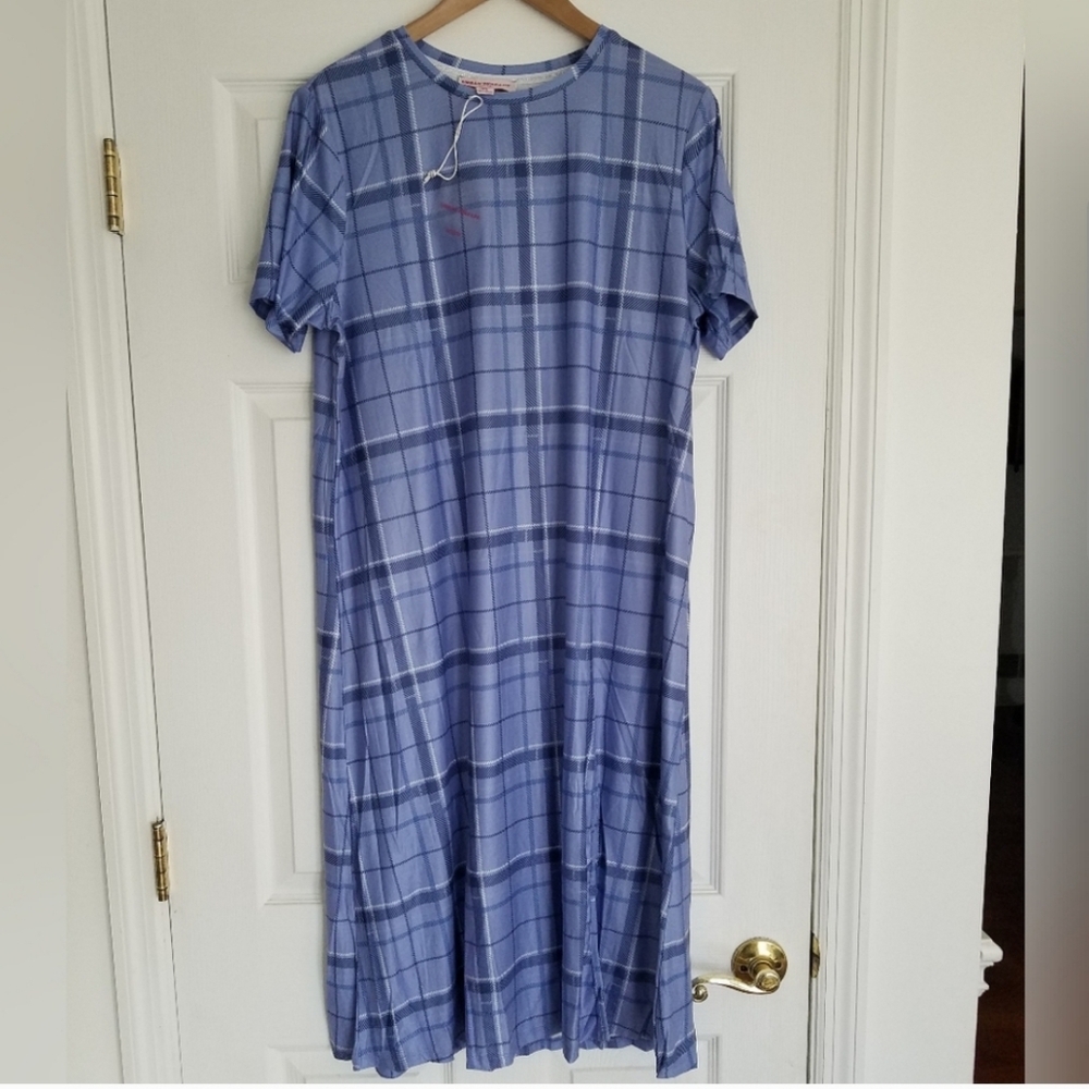 NWT Urban Threads Petite Midi Tshirt Dress Blue Plaid Print Size 14